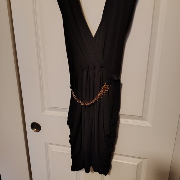 eVogues Plus Size Deep V-Neck Wrap Bodice Mini Dress Belted Black Asymmetrical - Picture 11 of 11